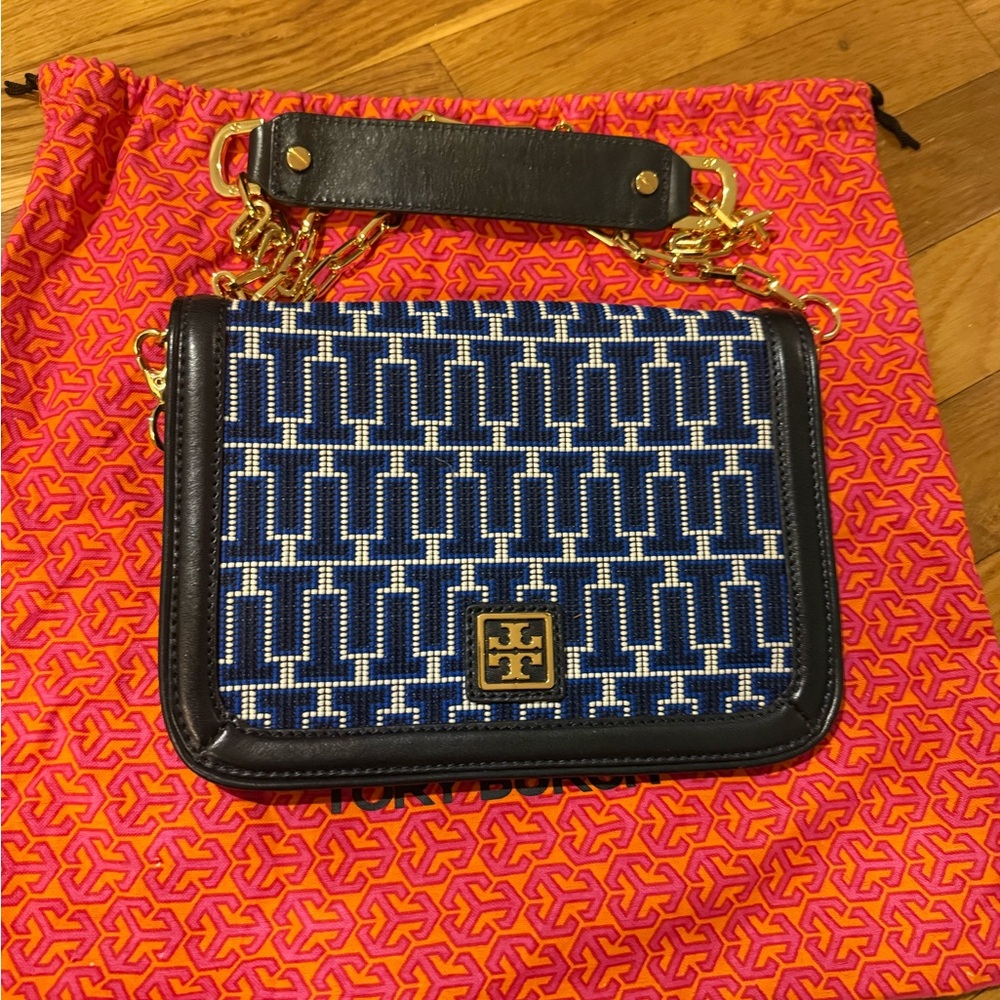 Tory Burch Navy Beaded Crossbody Bag with Gold Accents